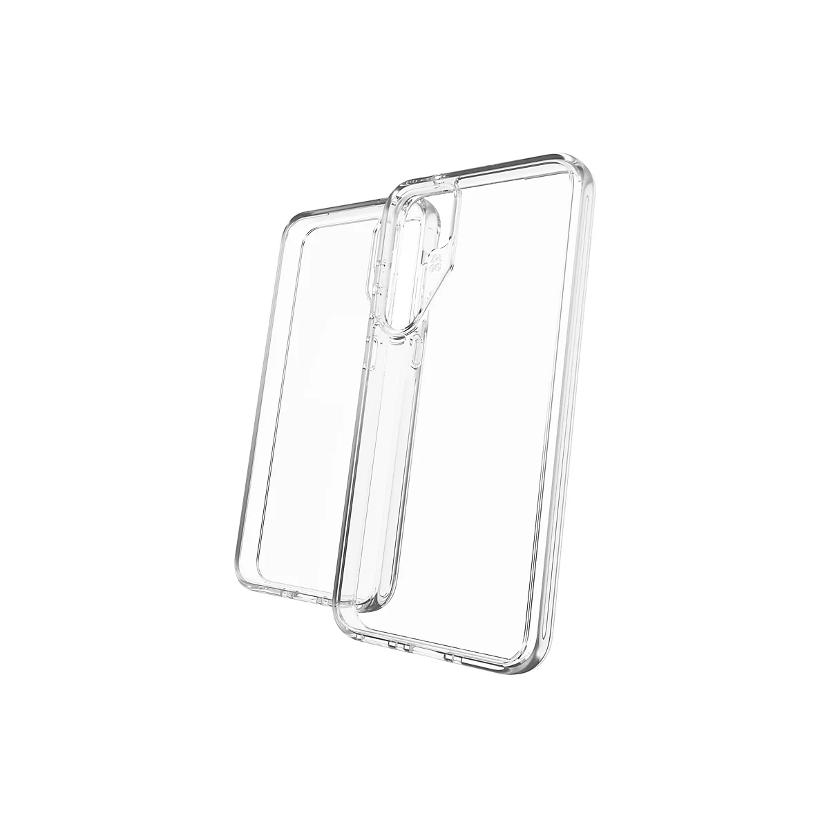 Zwei transparente Handyhüllen, die ineinander geschoben sind. Sie sind vor weißem Hintergrund von der Seite fotografiert.