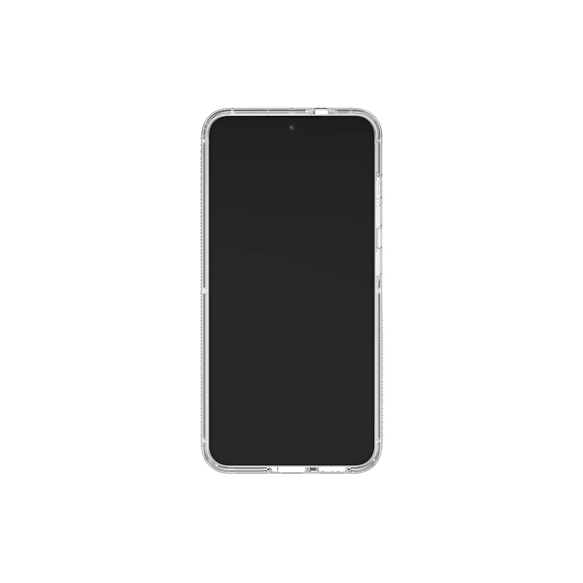 Ein Smartphone mit schwarzem Bildschirm in einer durchsichtigen Schutzhülle, vor weißem Hintergrund.