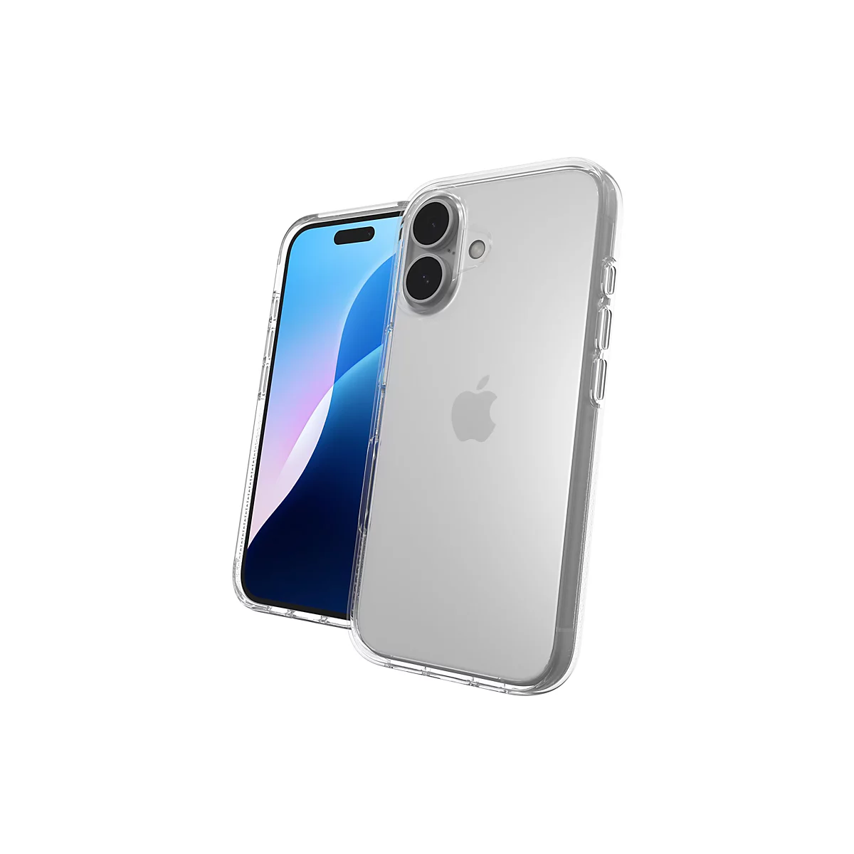 Ein iPhone mit einer durchsichtigen Schutzhülle, vor weißem Hintergrund. Das Telefon hat zwei Kameras und ein Apple-Logo.