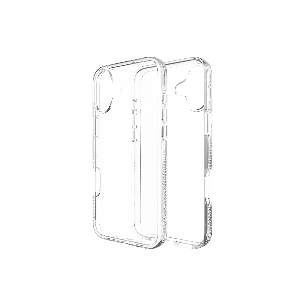 Zwei transparente Handyhüllen vor weißem Hintergrund. Die Hüllen sind aus klarem Kunststoff gefertigt.