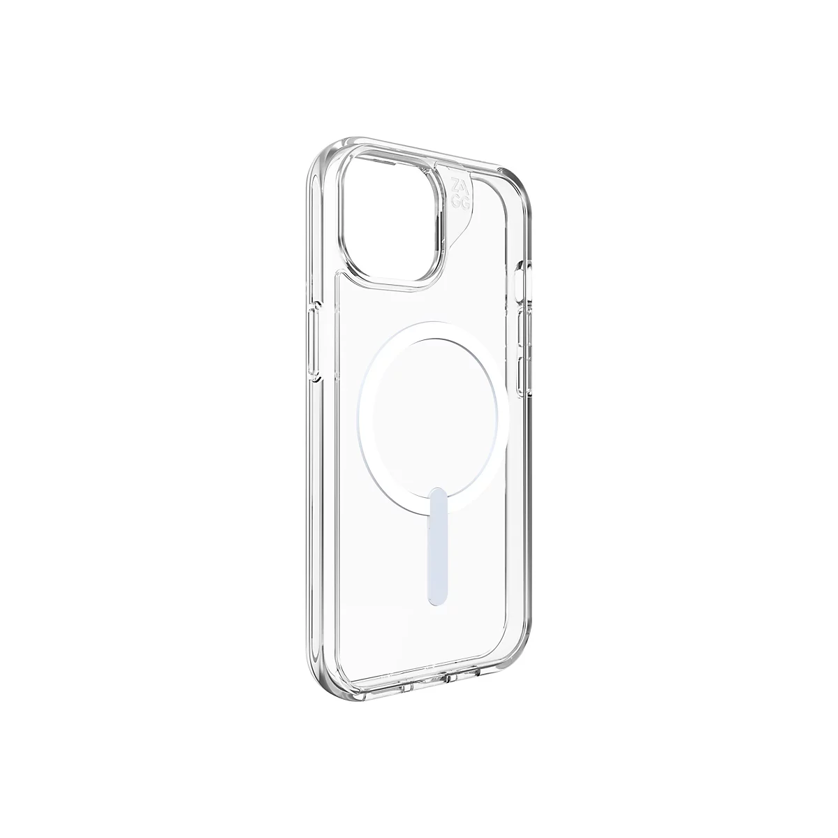 Coque de téléphone transparente avec fonction MagSafe, posée sur un fond blanc. La coque montre son design et des découpes pour la caméra et les boutons.