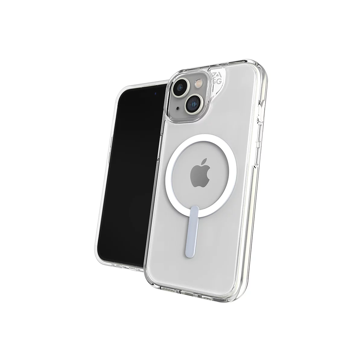 Un iPhone avec une coque transparente. Le fond est blanc.