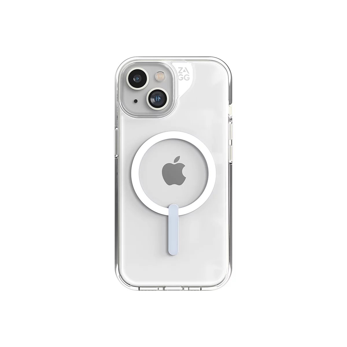 Coque de téléphone transparente pour un iPhone, avec fonction MagSafe et logo Apple au dos.