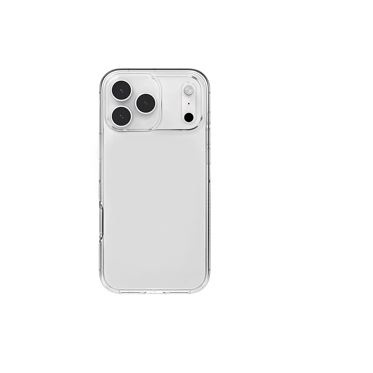 Coque de téléphone transparente avec caméras et flash sur fond blanc.