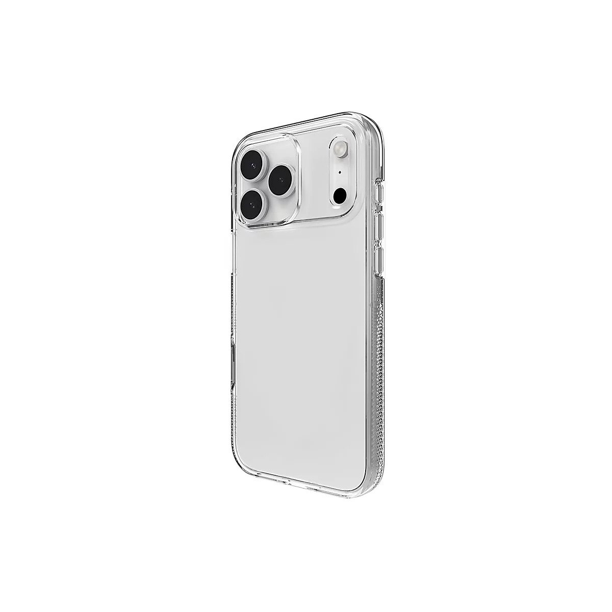 Une coque de téléphone transparente pour smartphone. Vue de l'unité caméra avec trois objectifs et flash.
