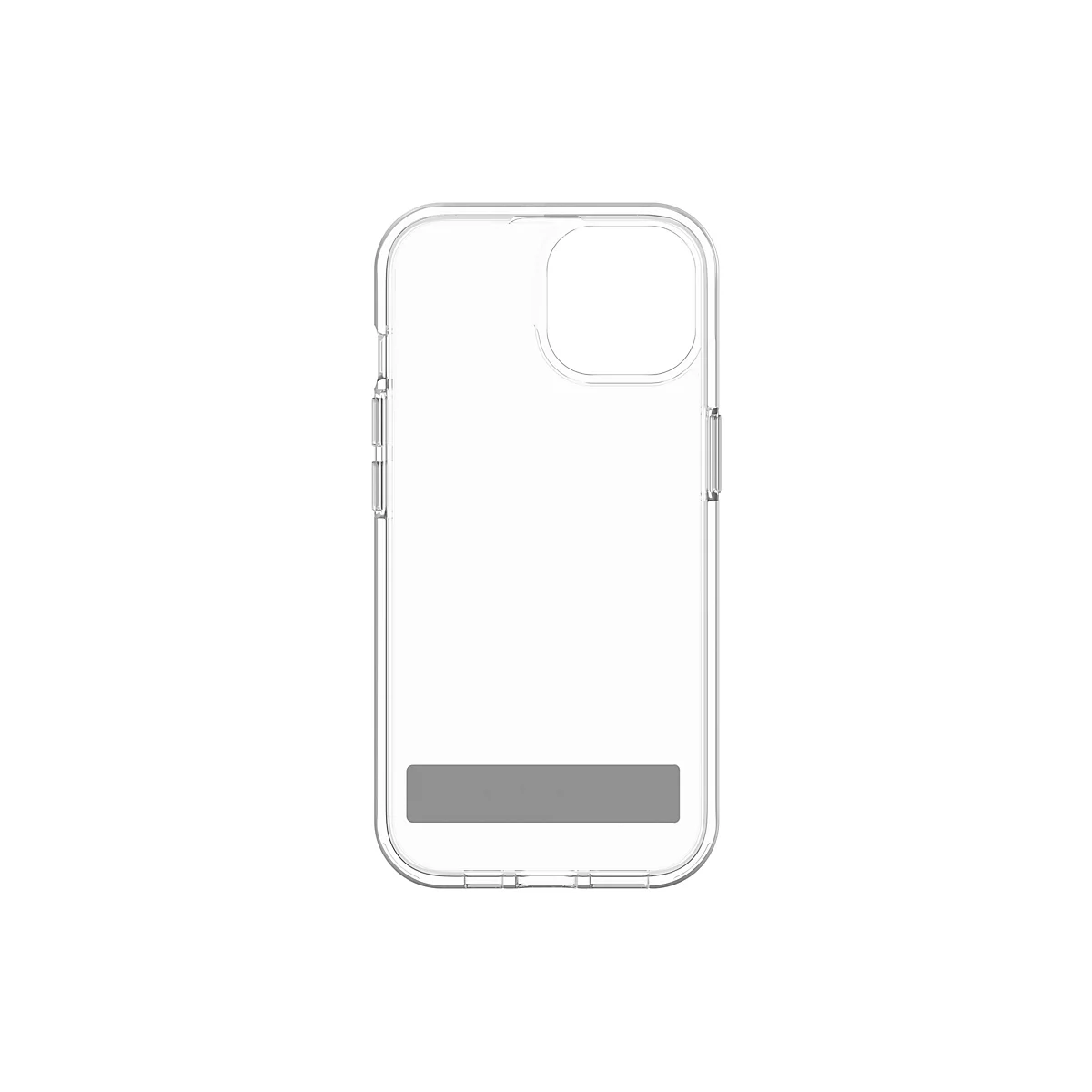Coque de téléphone transparente avec découpe pour appareil photo et zone grise en bas.
