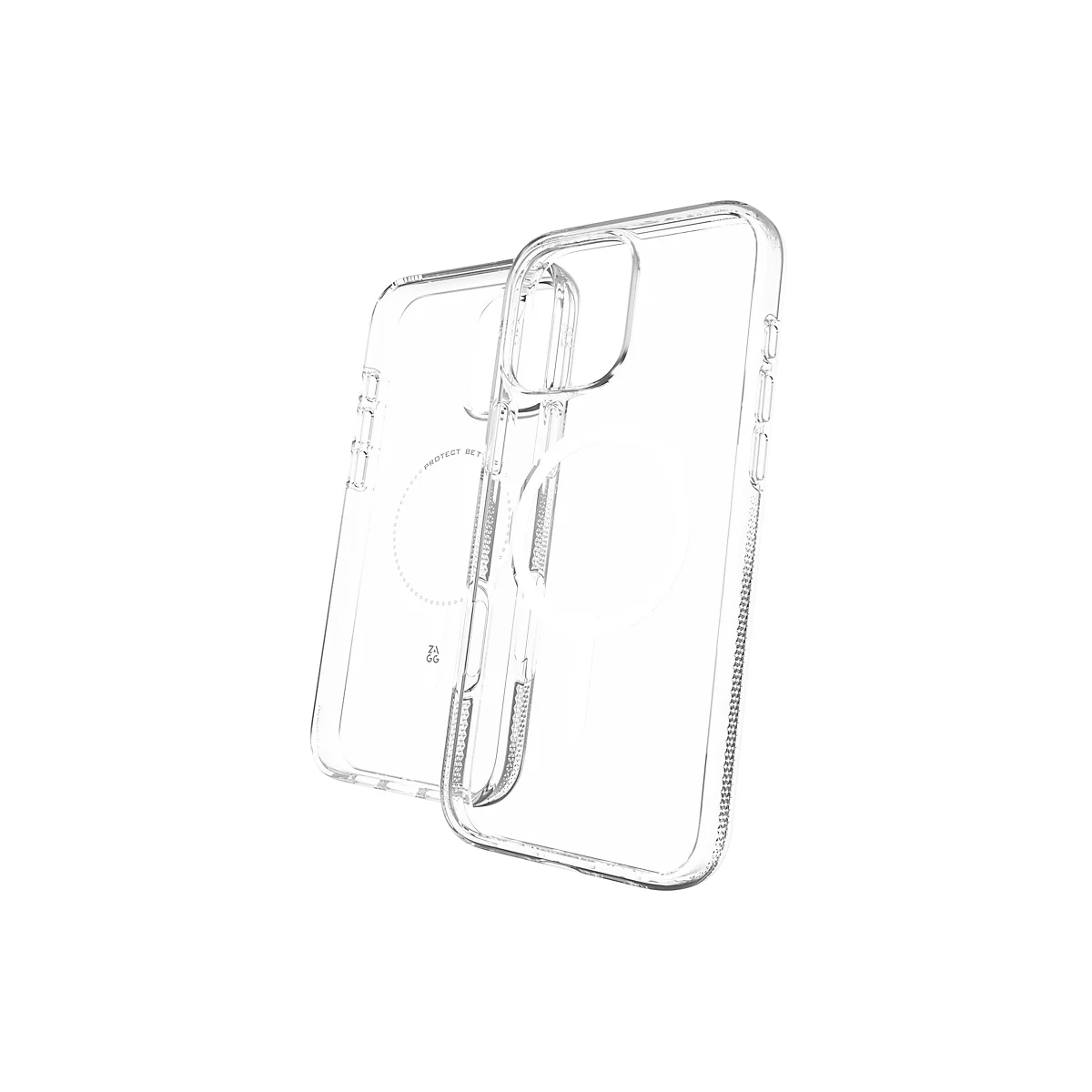 Deux coques de téléphone transparentes sur fond blanc. Une coque chevauche légèrement l'autre.