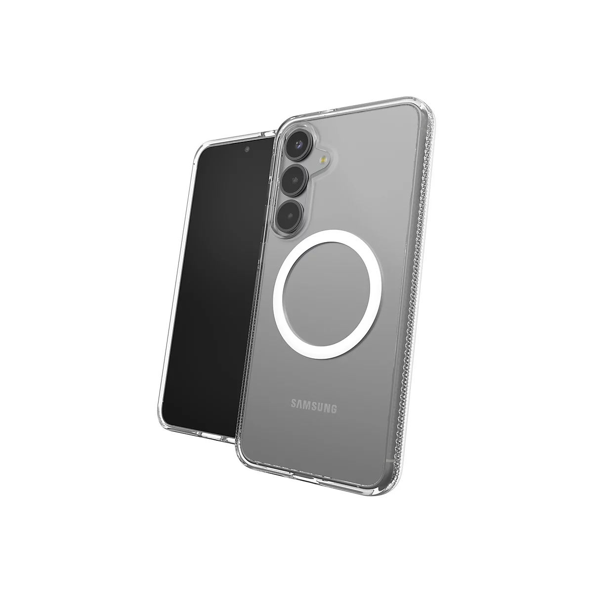 Un téléphone portable dans une coque transparente, avec l'écran tourné. Le logo Samsung est visible en arrière-plan.