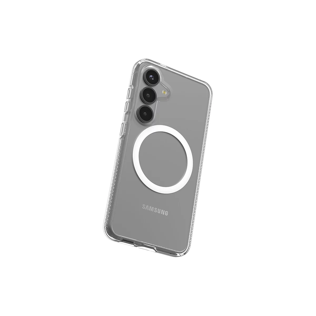 Un téléphone Samsung gris dans une coque de protection transparente avec un anneau blanc. Trois objectifs de caméra sont visibles.