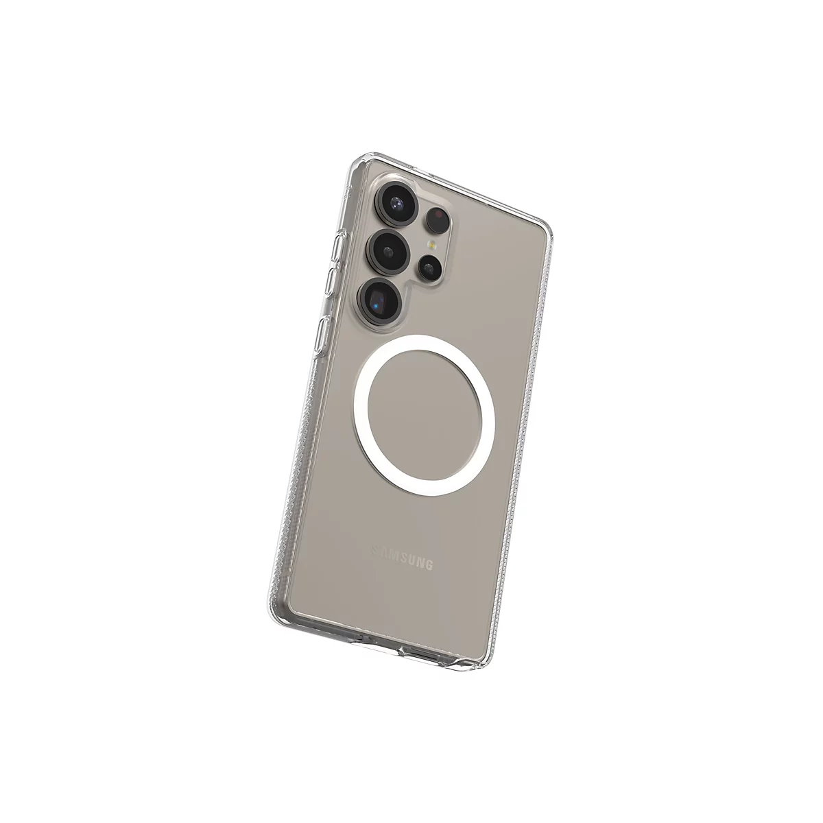 Un téléphone dans une coque de protection transparente, un cercle blanc au dos et le logo Samsung.