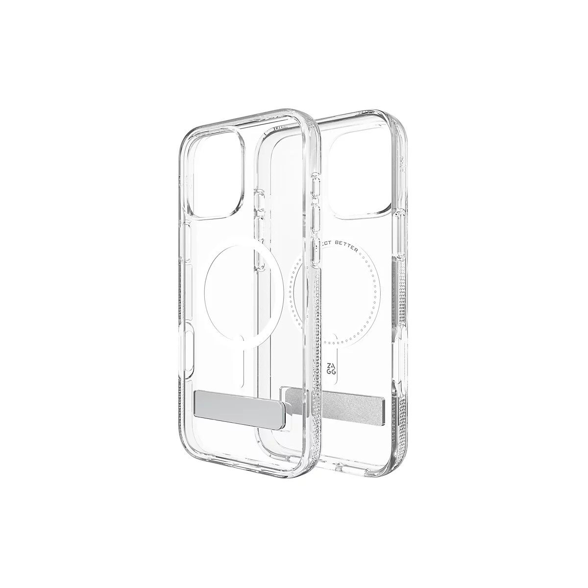 Zwei transparente Handyhüllen mit MagSafe-Funktion und eingebautem Ständer, vor weißem Hintergrund.