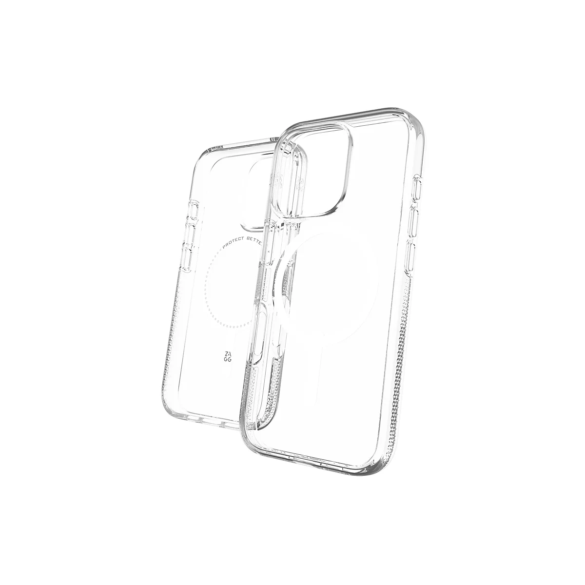 Zwei transparente iPhone-Hüllen liegen leicht versetzt vor weißem Hintergrund. Auf einer Hülle ist der Schriftzug "PROTECT BETTER" und das Logo von ZAGG zu sehen.