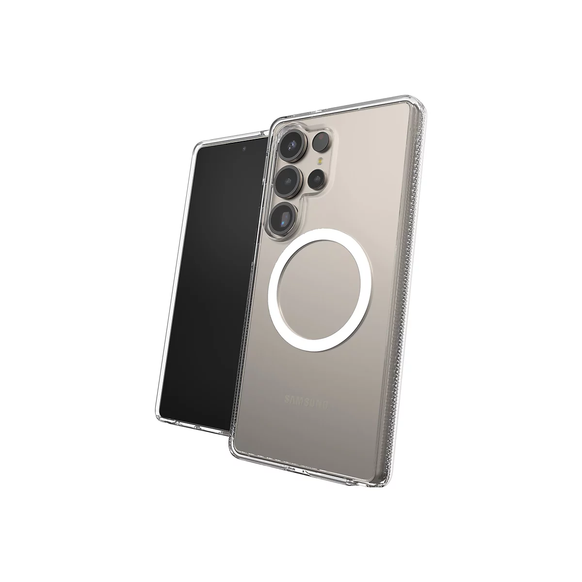 Ein Mobiltelefon in einer transparenten Schutzhülle, daneben das Handy, beide leicht geneigt vor weißem Hintergrund. Die Hülle zeigt einen weißen Kreis.