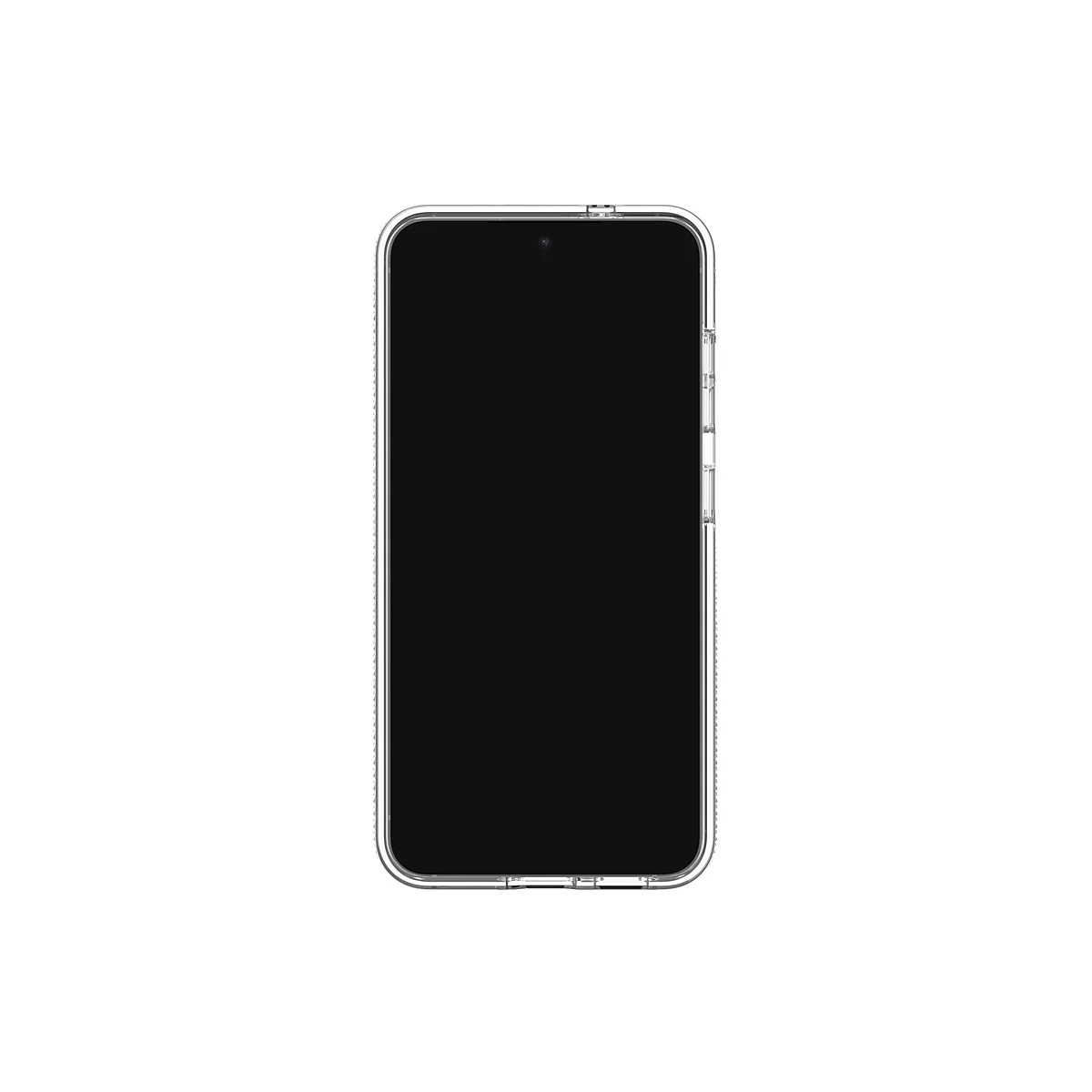 Ein Smartphone mit schwarzem Bildschirm, in einer transparenten Schutzhülle auf weißem Hintergrund.