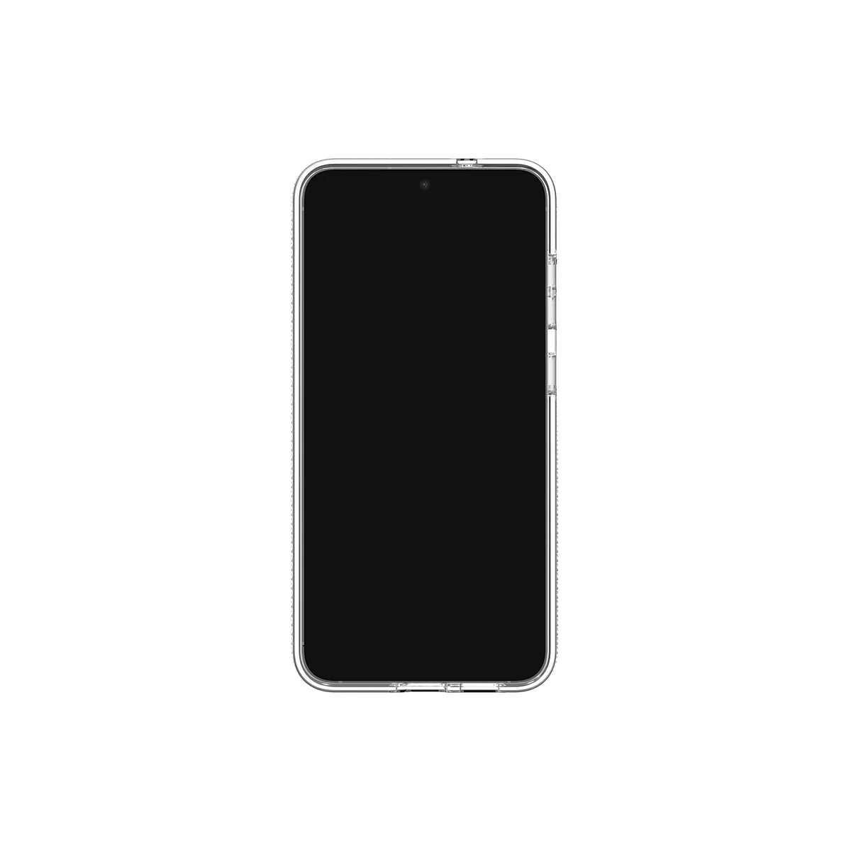 Ein Smartphone in einer transparenten Schutzhülle, vor weißem Hintergrund. Der Bildschirm ist schwarz.