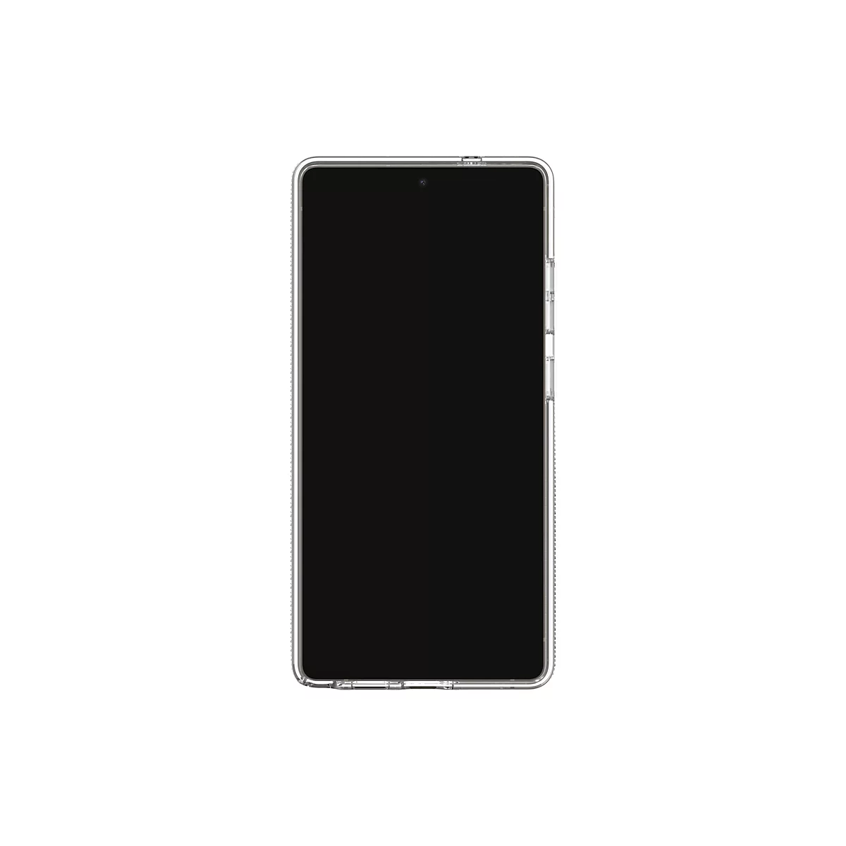 Ein Smartphone in einer transparenten Schutzhülle, vor weißem Hintergrund. Der Bildschirm ist schwarz.