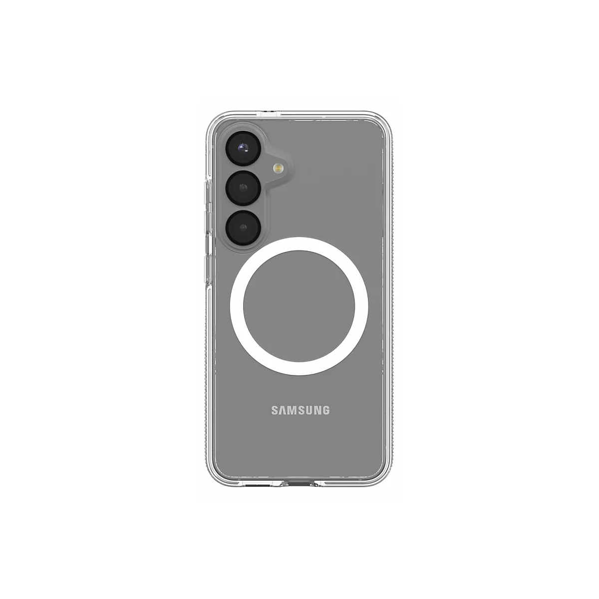 Ein durchsichtiges Handycase mit eingebautem Magnetring auf einem grauen Smartphone. Die Rückseite zeigt die Kameralinsen und das Samsung-Logo.