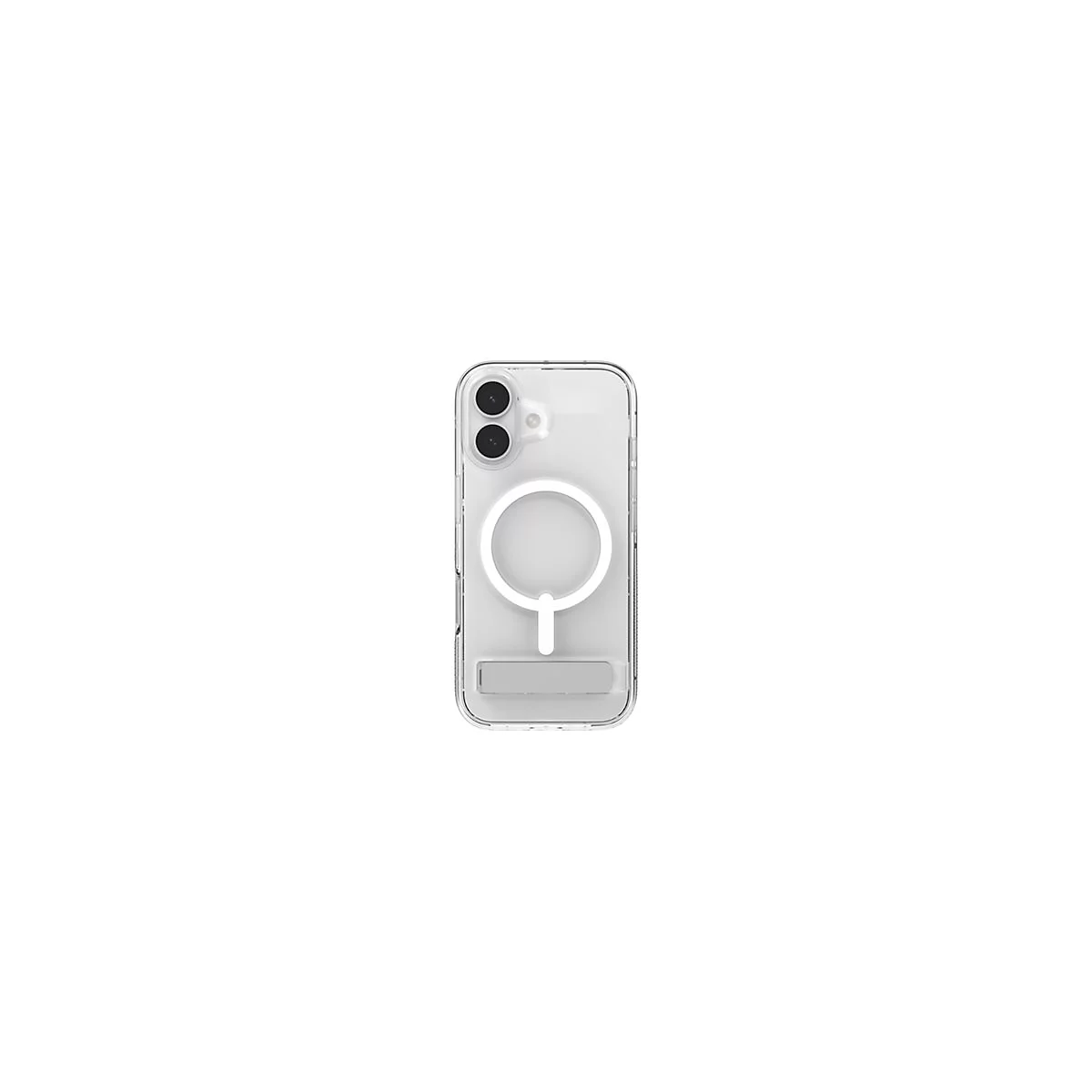 Klare Handyhülle mit MagSafe und Ständer. Rückseite mit Kameraöffnungen, Halterung und magnetischem Ring.