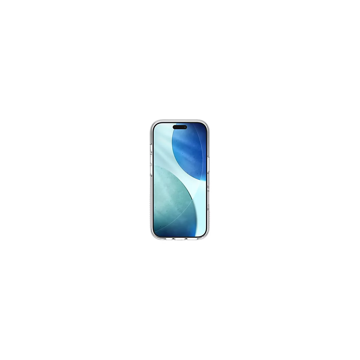 Smartphone mit transparenter Hülle. Blau-weißer Bildschirmhintergrund. Der Rahmen ist klar.