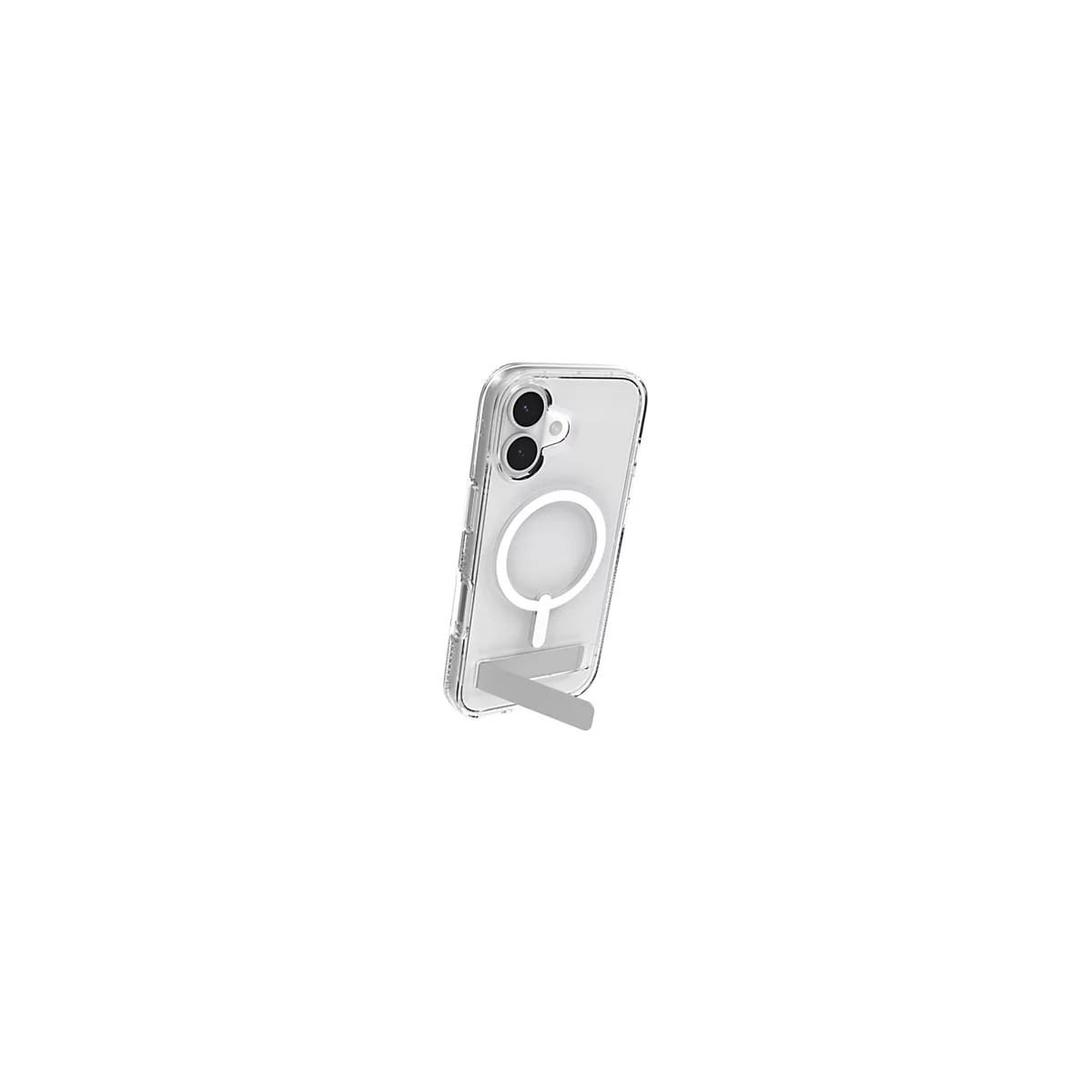 Durchsichtige Handyhülle mit integriertem Ständer, der ein Handy hält.