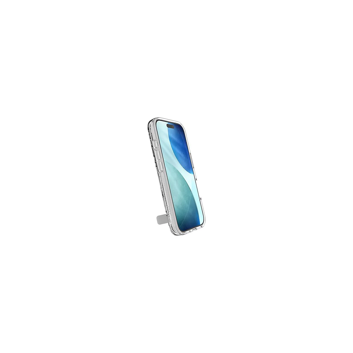 Ein durchsichtiges Handycase mit eingebautem Ständer und einem Smartphone, das aufrecht steht.