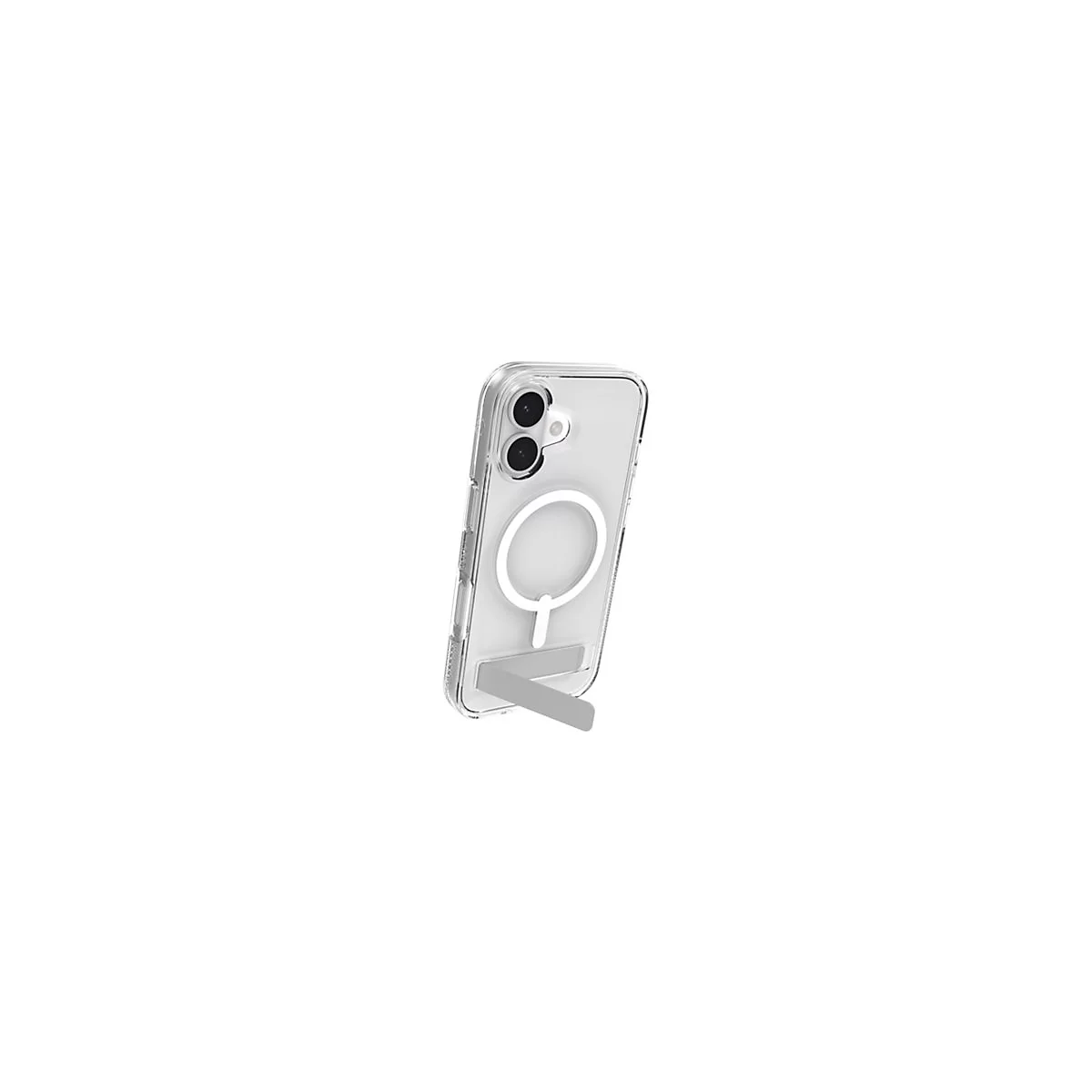 Durchsichtige Handyhülle mit integriertem Ständer und MagSafe-Ladefunktion, auf weißem Hintergrund.