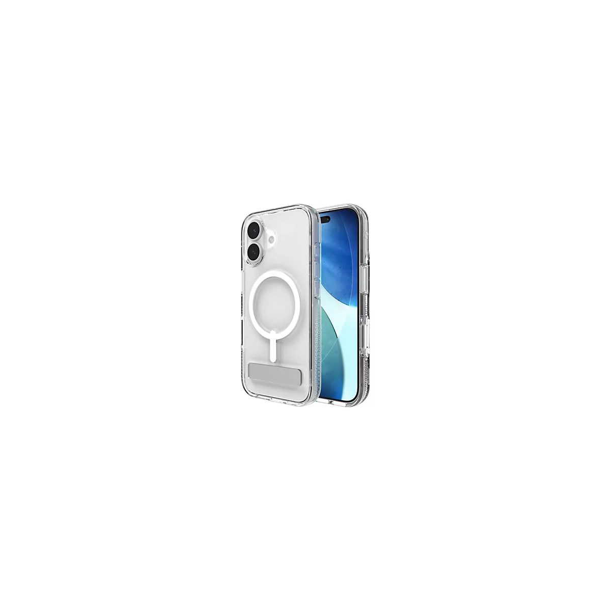 Ein durchsichtiges Handycase für ein iPhone, das das Handy schützt und einen MagSafe-Ring hat.