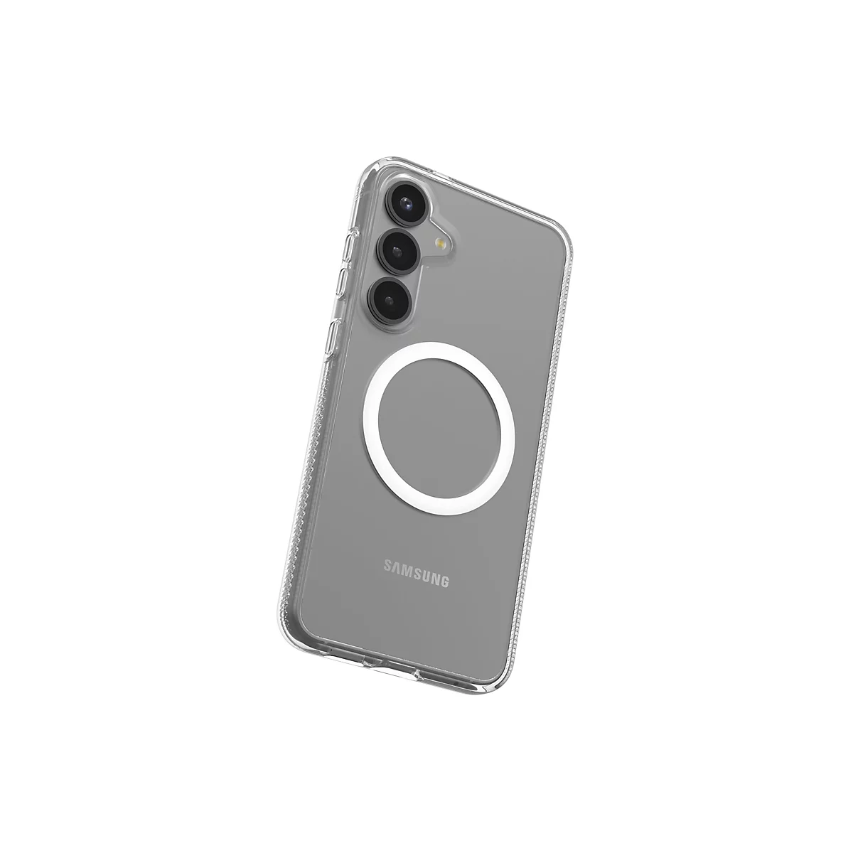 Ein graues Samsung-Handy mit durchsichtiger Hülle und einem weissen Ring. Die Hülle hat ein Muster an den Rändern und das Logo des Herstellers auf der Rückseite.