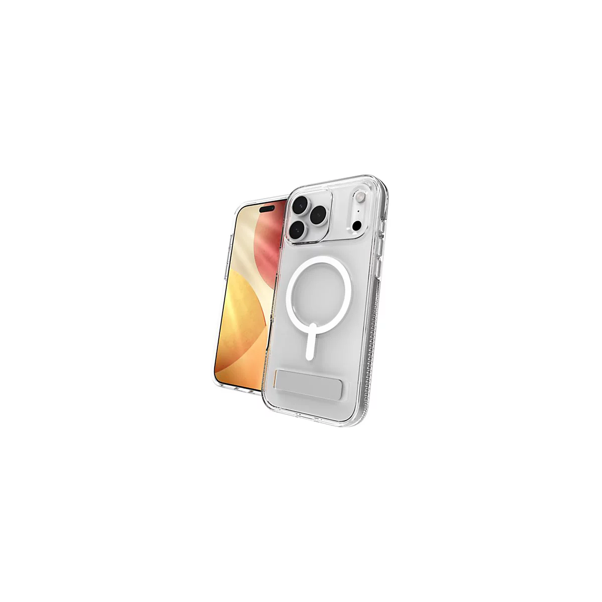 Un iPhone avec un étui transparent. L'étui montre un anneau blanc et un support.