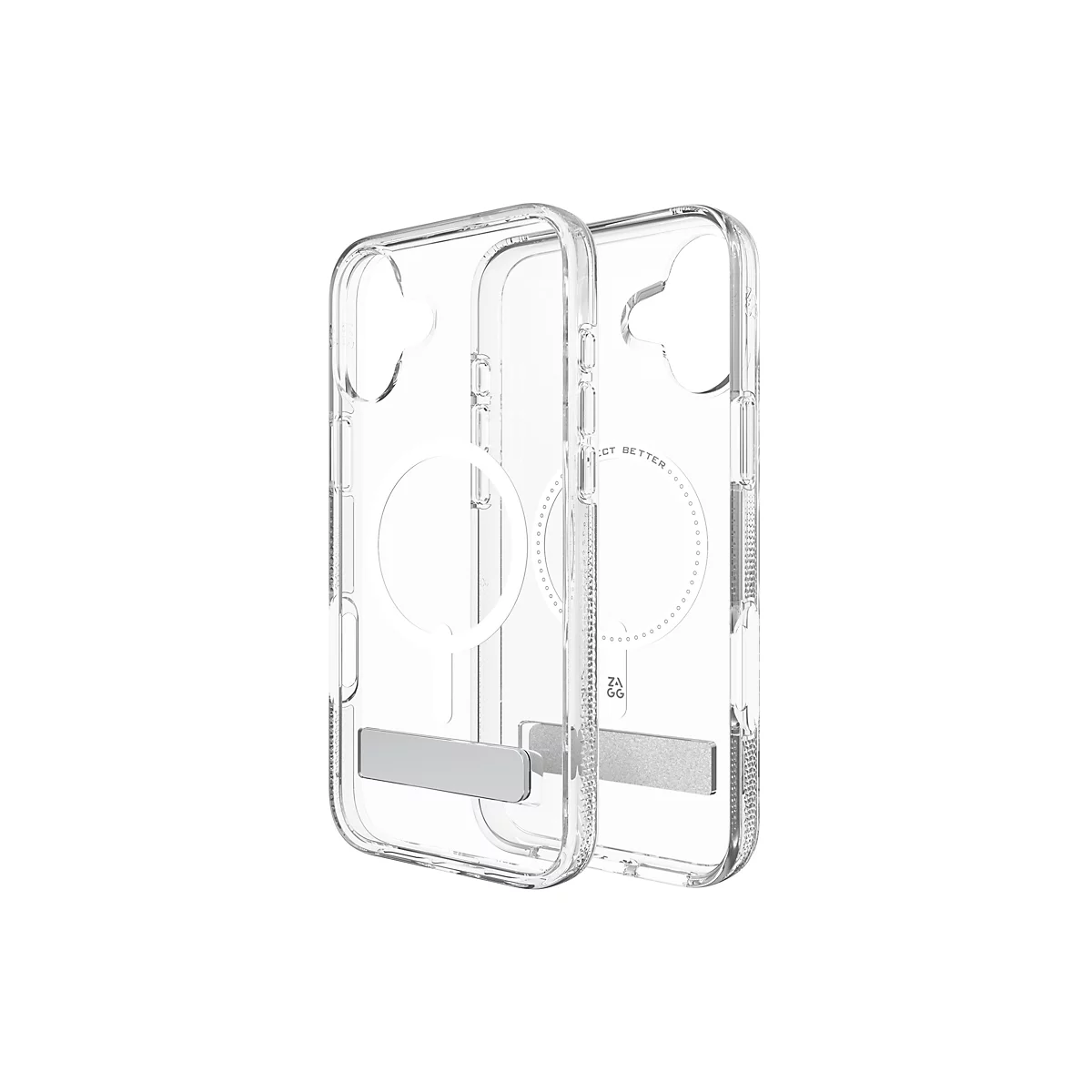 Deux coques de téléphone transparentes côte à côte. Elles sont en plastique et ont un support de couleur métal.