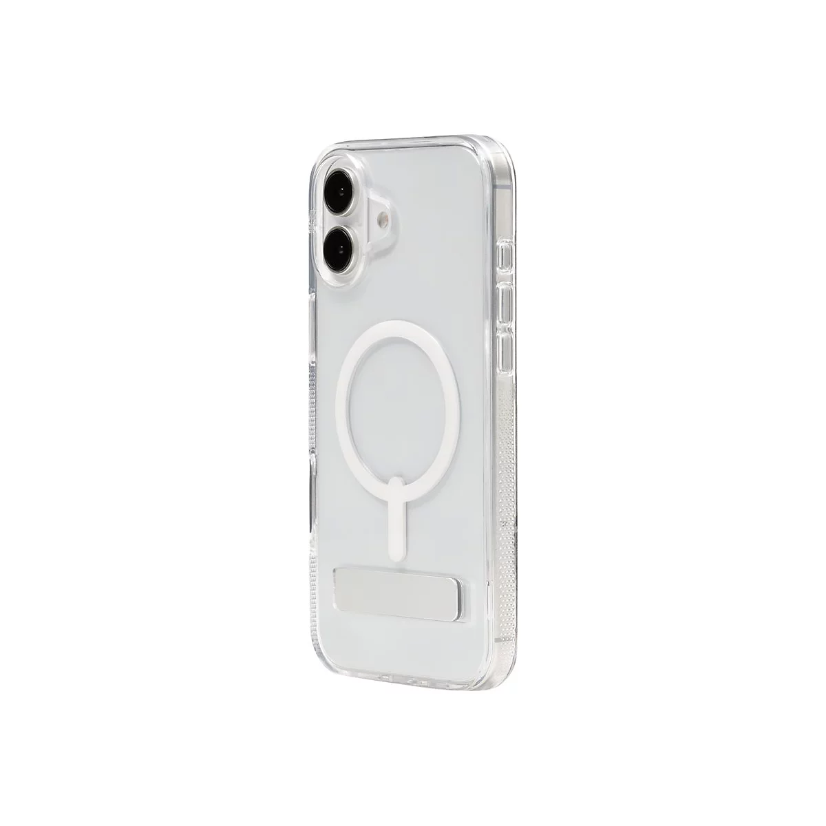 Coque de téléphone transparente avec MagSafe et support, sur fond blanc.