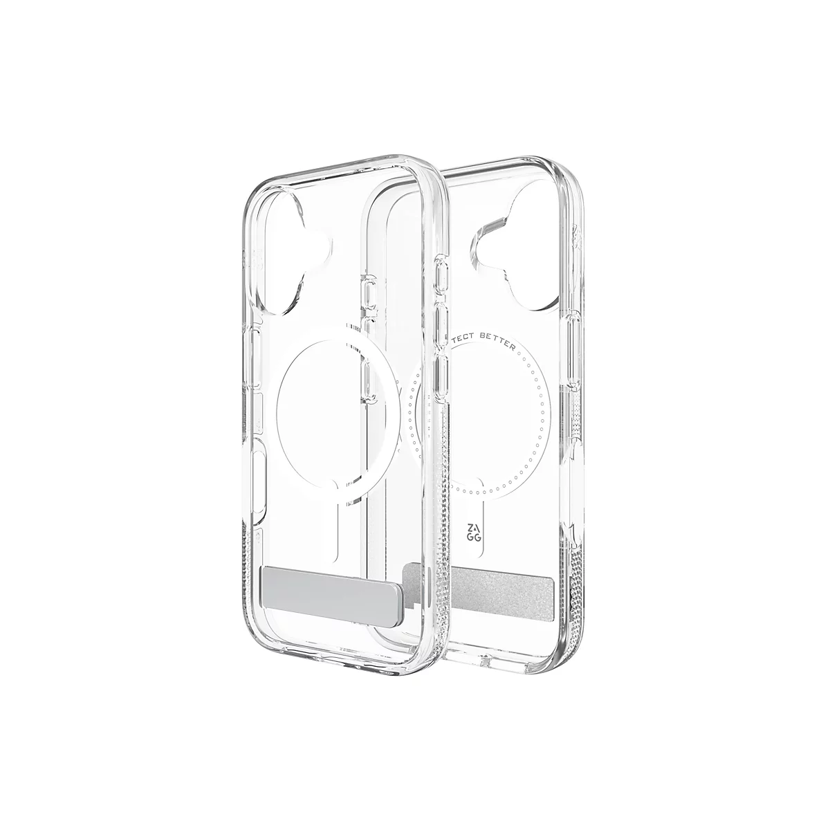 Deux coques de téléphone transparentes sur fond blanc. Chaque coque a une découpe pour le module caméra et le logo Apple.