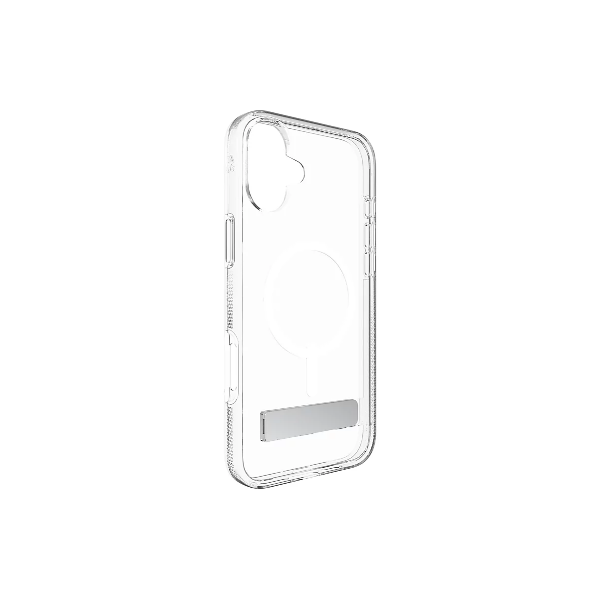Coque de téléphone transparente avec support pliable sur fond blanc.