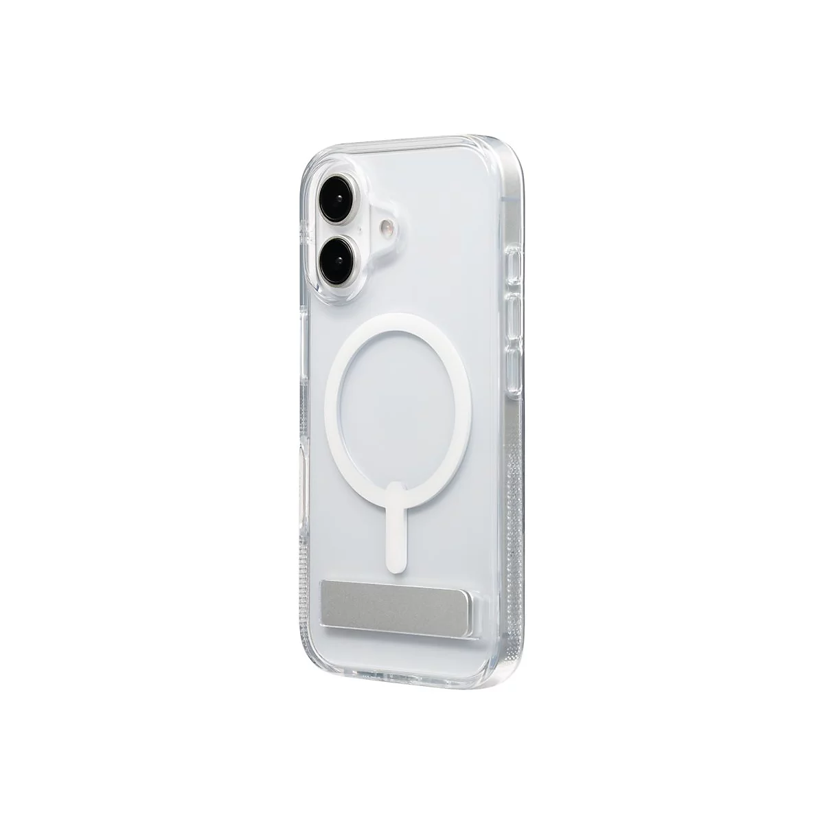 Coque iPhone transparente avec MagSafe et support, vue arrière. Un anneau blanc et un support en métal sont visibles.