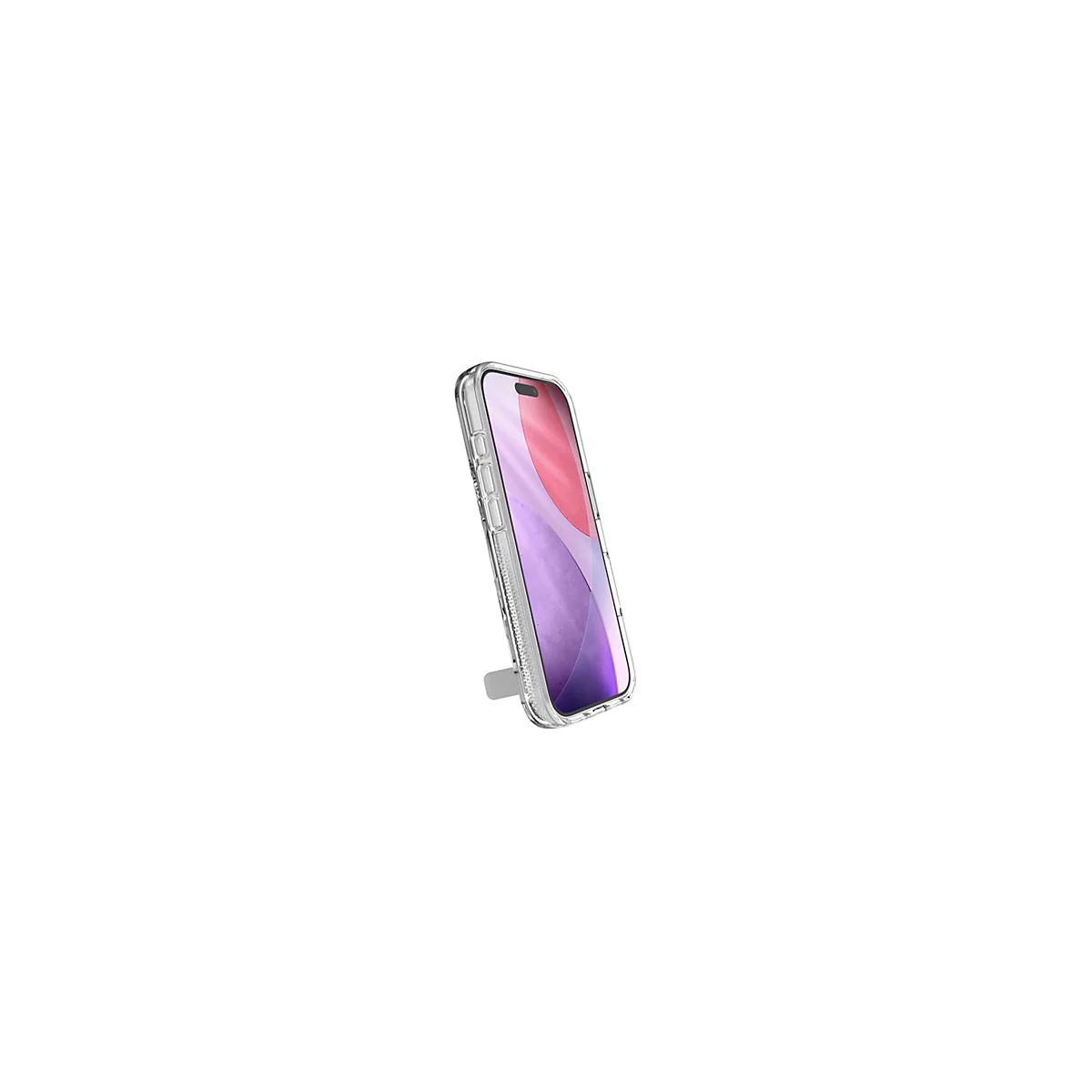 Une coque de téléphone transparente avec un téléphone à l'intérieur. L'écran affiche un dégradé de couleurs. Un petit support est fixé.