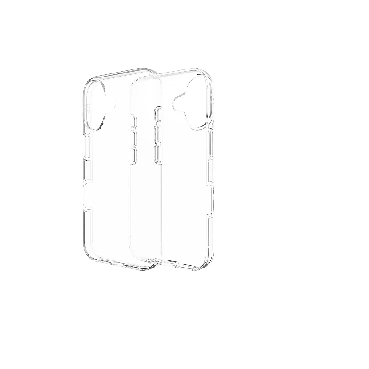 Deux coques de téléphone transparentes sur fond blanc. Les coques sont en plastique transparent et sont façonnées en détail.