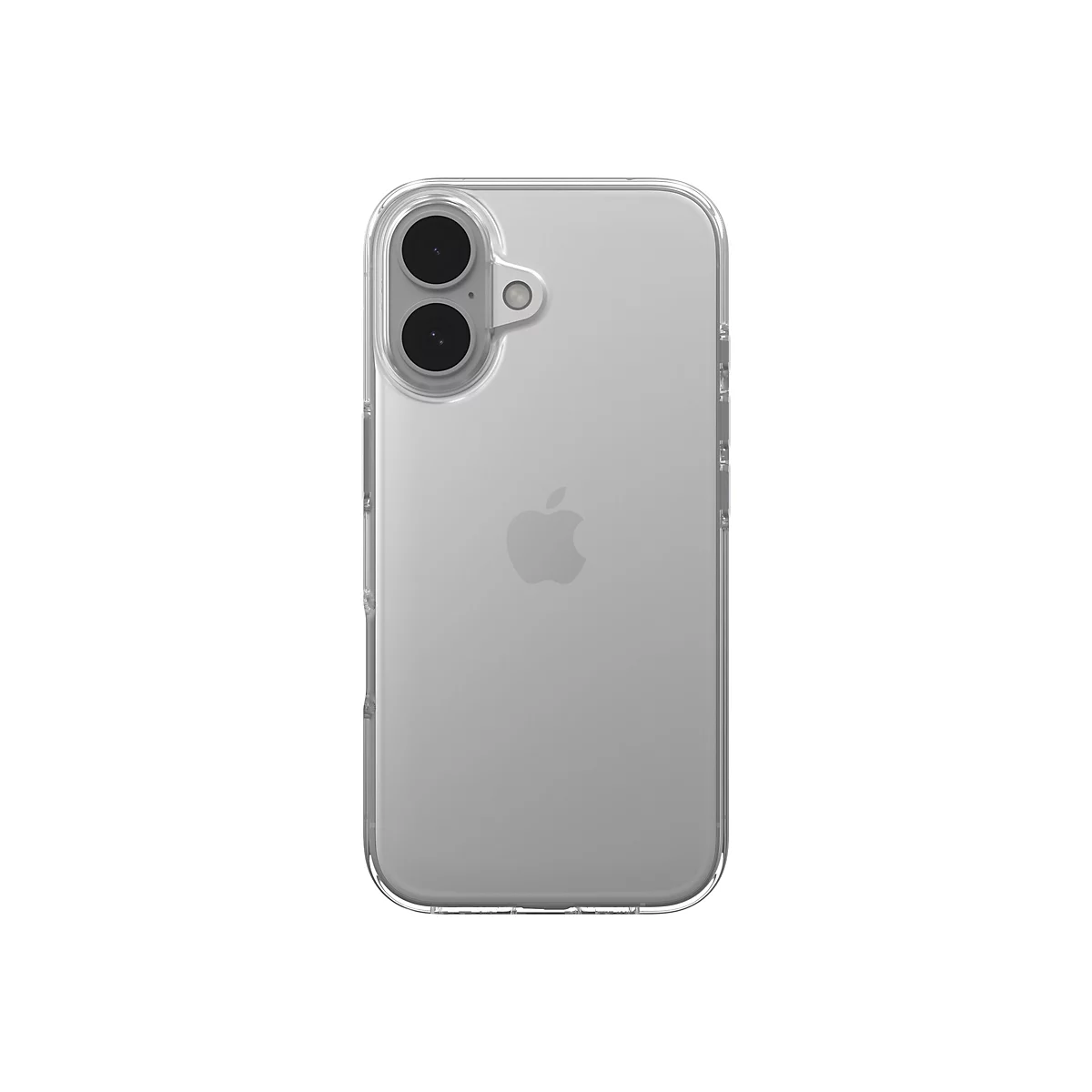 Un étui de téléphone transparent protège un Apple iPhone. Un fond blanc est visible en arrière-plan.