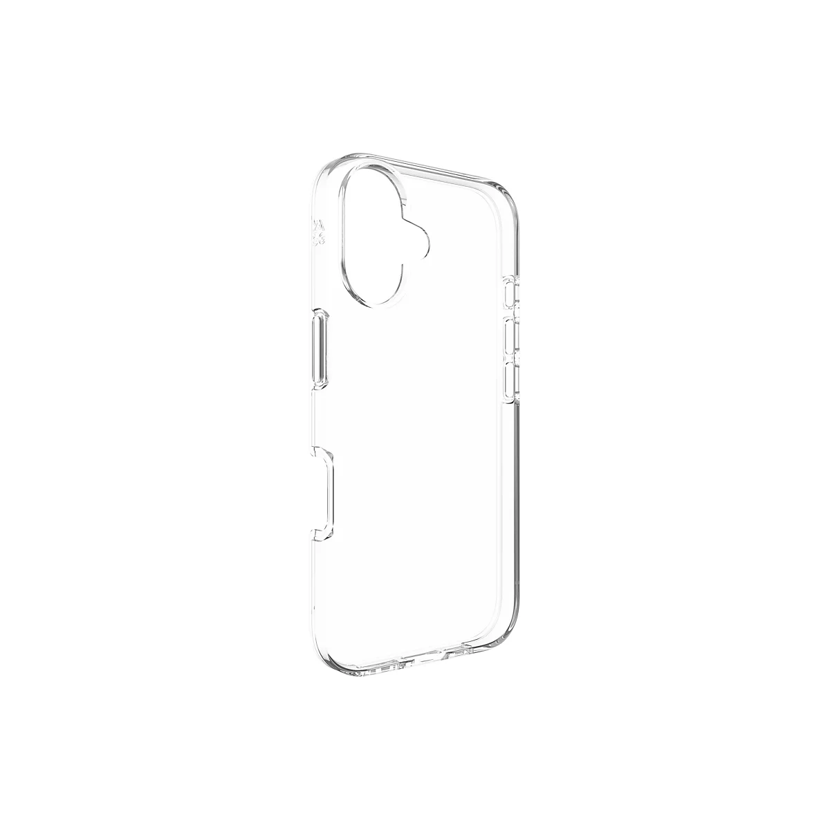 Coque de téléphone transparente en plastique. L'étui entoure l'appareil et comporte des ouvertures pour l'appareil photo et les boutons.