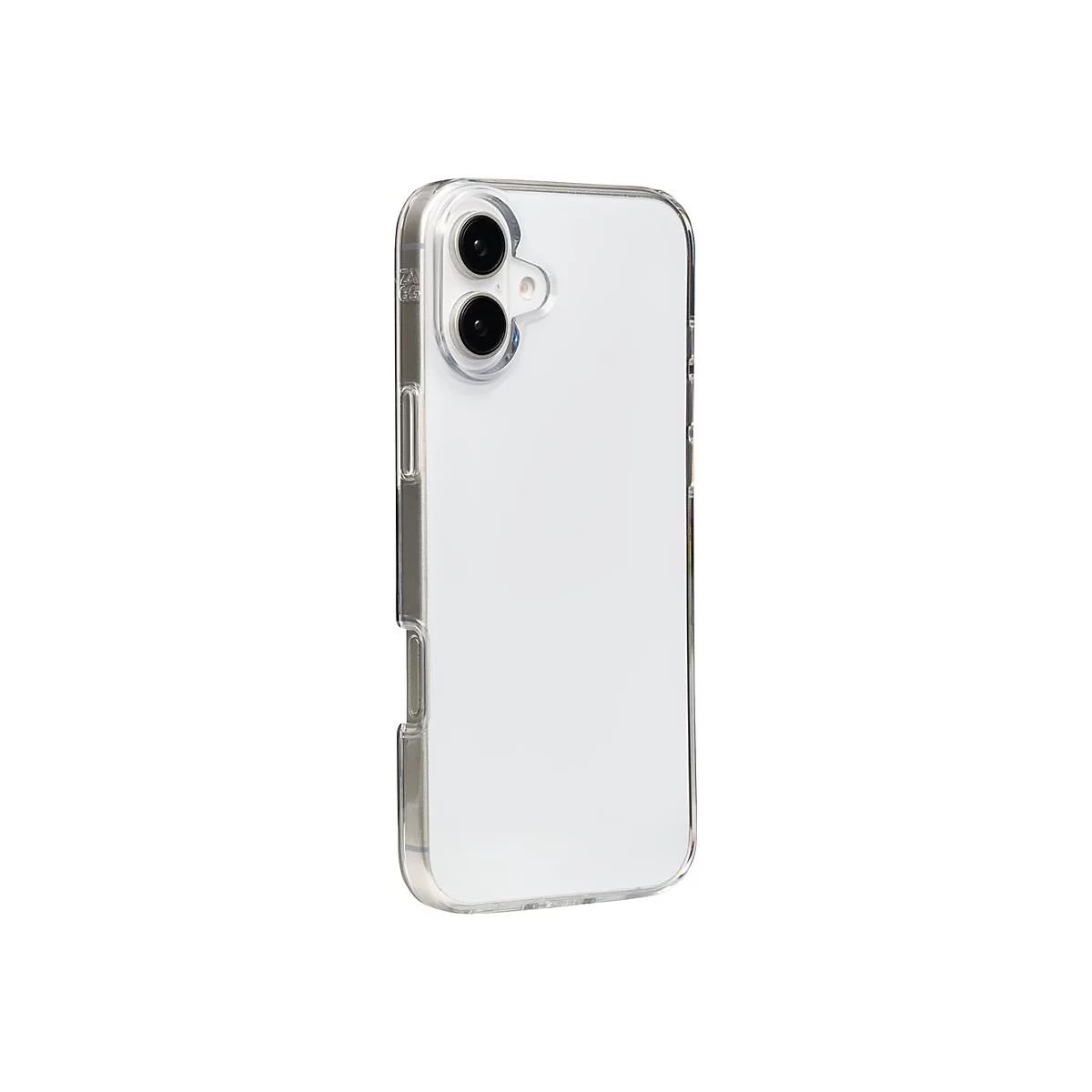 Coque de téléphone en plastique transparent. La caméra et les boutons latéraux sont visibles.