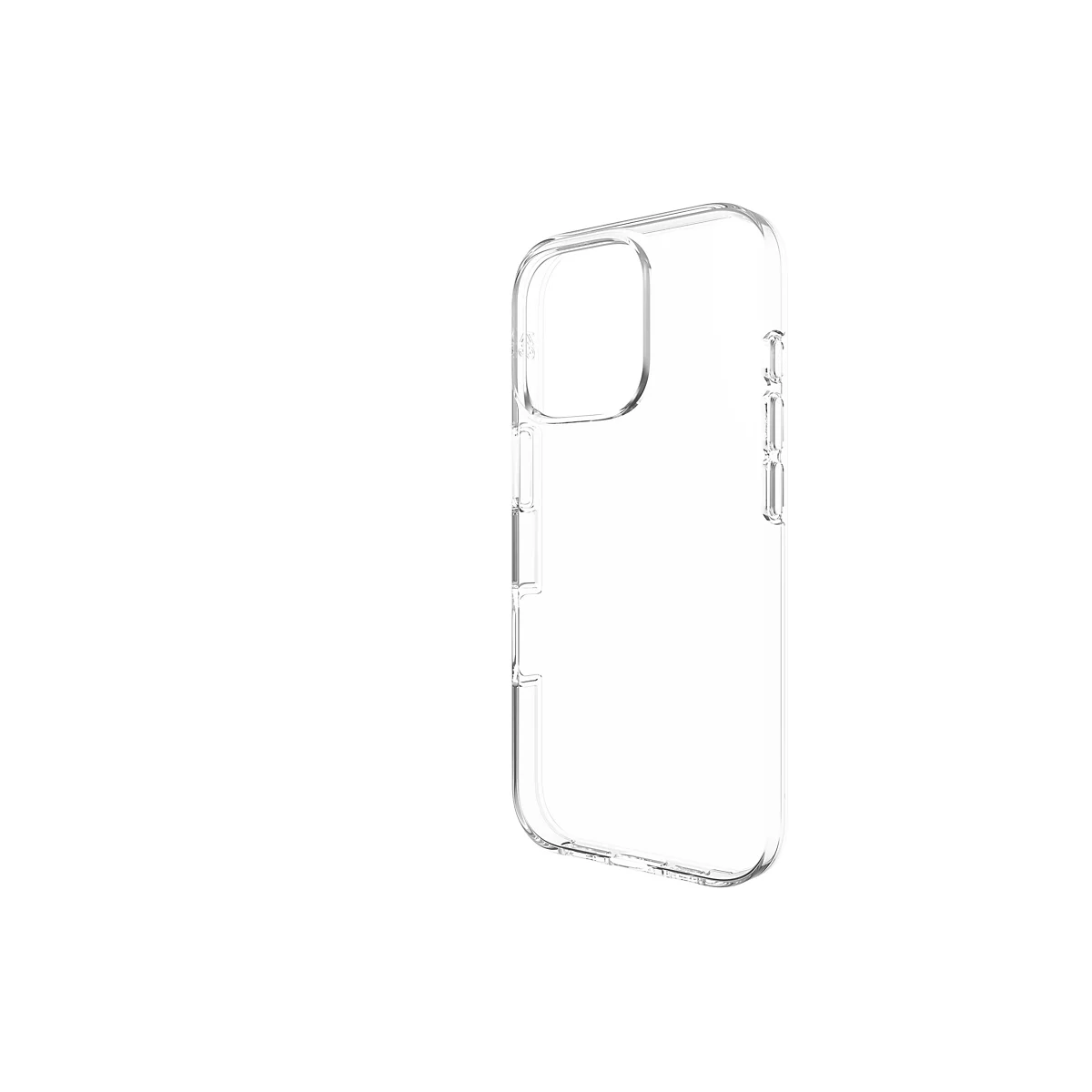 Un étui de téléphone transparent, posé en biais sur un fond blanc.