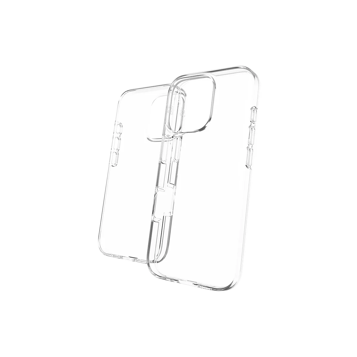 Deux coques de téléphone transparentes sur fond blanc. L'une est couchée, l'autre est debout. Les détails tels que les boutons et les découpes sont visibles.