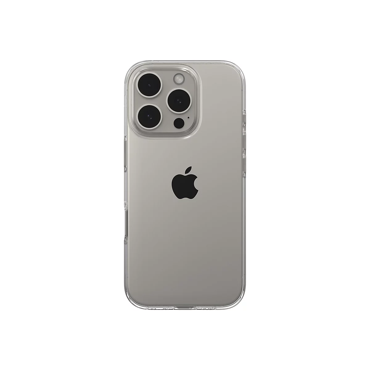 Un iPhone dans une coque de protection transparente, vue arrière, sur fond blanc.