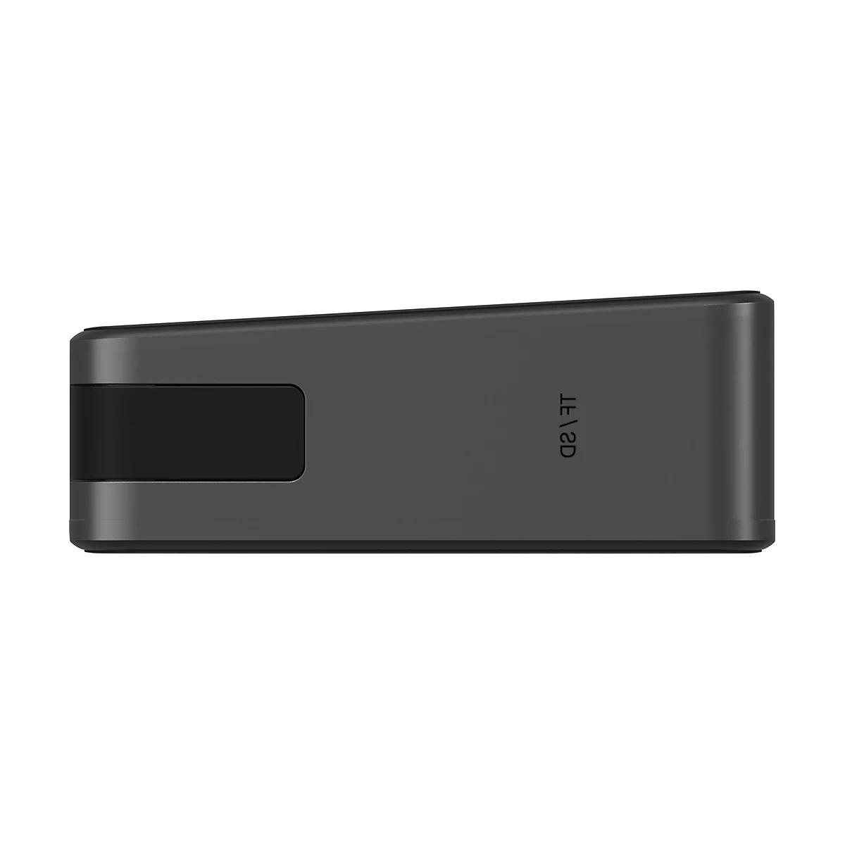 Appareil rectangulaire gris avec un renfoncement noir, lettrage "LE12D".