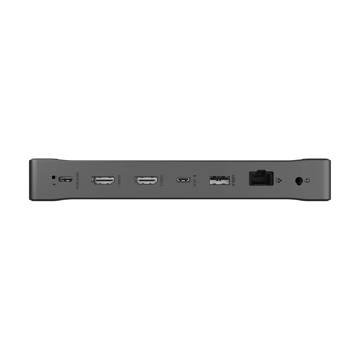 Module de station d'accueil grise avec divers ports : USB-A, HDMI, USB-C, Ethernet, sortie audio et alimentation.