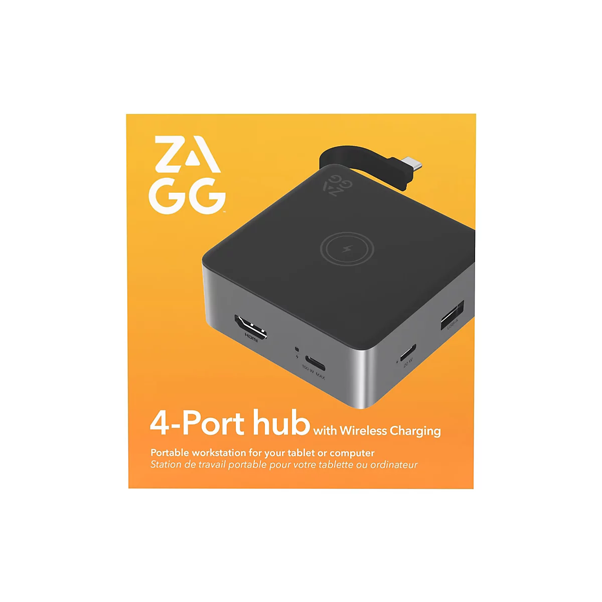 Schwarzer 4-Port-Hub mit Wireless Charging. Aufschrift: 4-Port-Hub mit Wireless Charging, HDMI, USB-A und Ladeports.