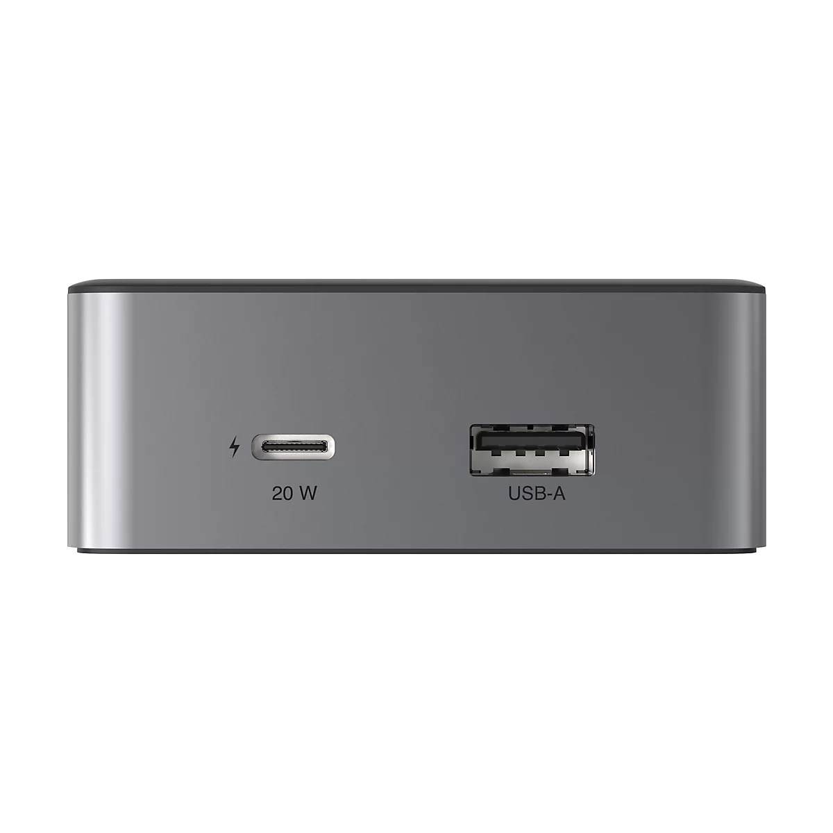 Graue Ladestation mit USB-A- und USB-C-Anschlüssen; Label: 20W.