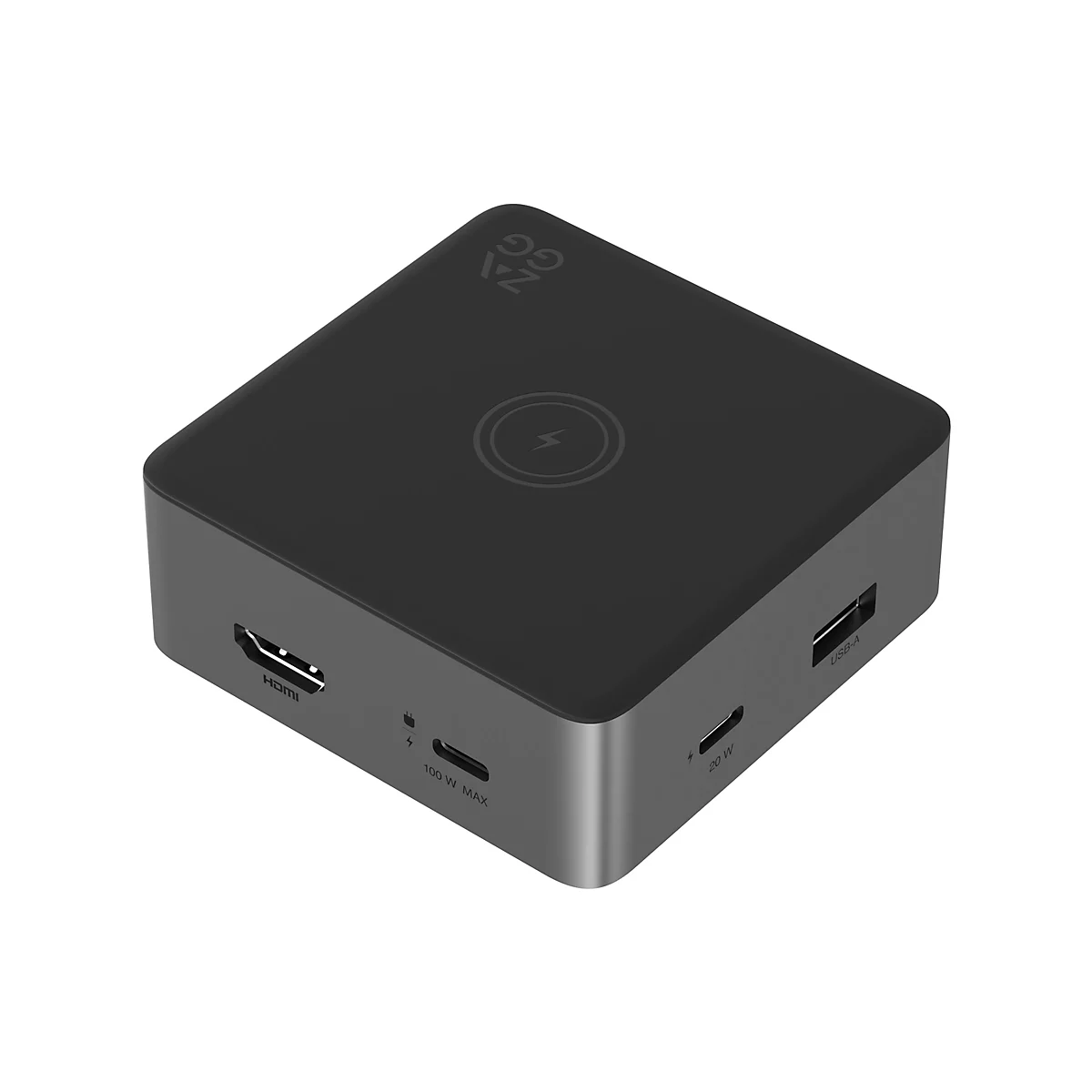 Schwarzer, quadratischer Hub mit HDMI-, USB-A- und USB-C-Anschlüssen. Oben befindet sich das Logo und ein Symbol für kabelloses Laden.