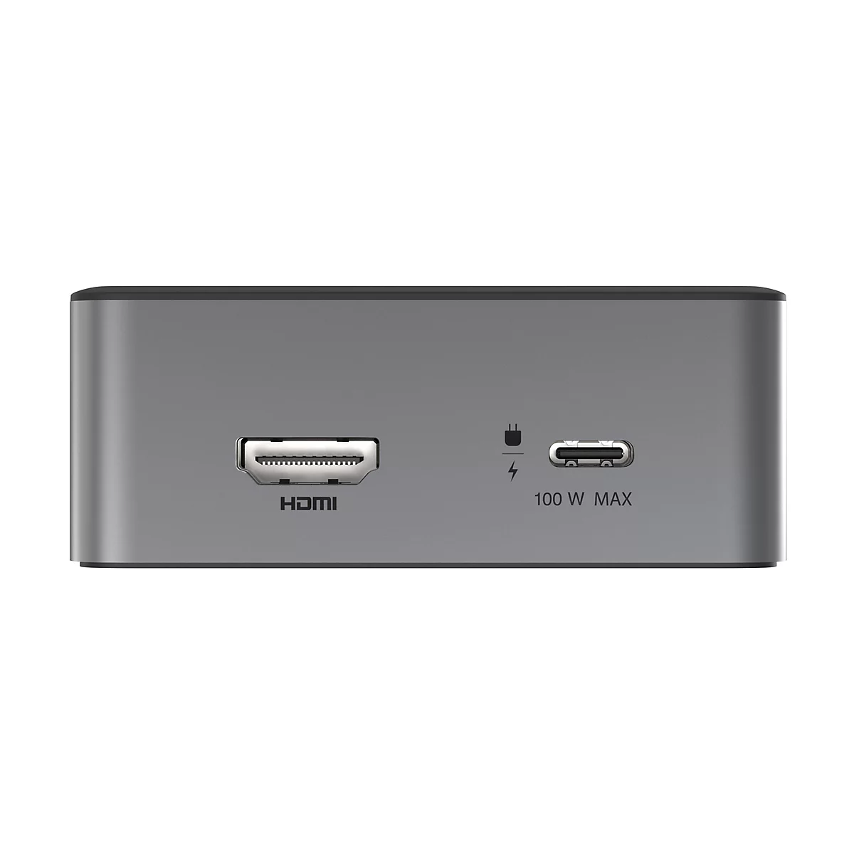 Grauer, rechteckiger Adapter mit HDMI- und USB-C-Anschluss, sowie Ladeanzeige mit der Aufschrift "100 W MAX".