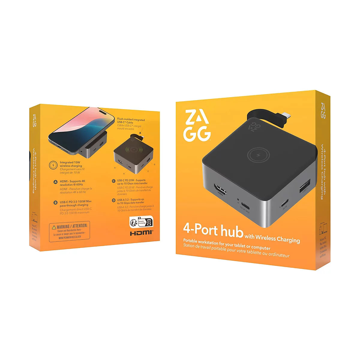 Ein Bild zeigt eine Produktverpackung. Auf der Vorderseite ist ein schwarzer 4-Port-Hub mit kabelloser Ladefunktion abgebildet, der ein Smartphone lädt.