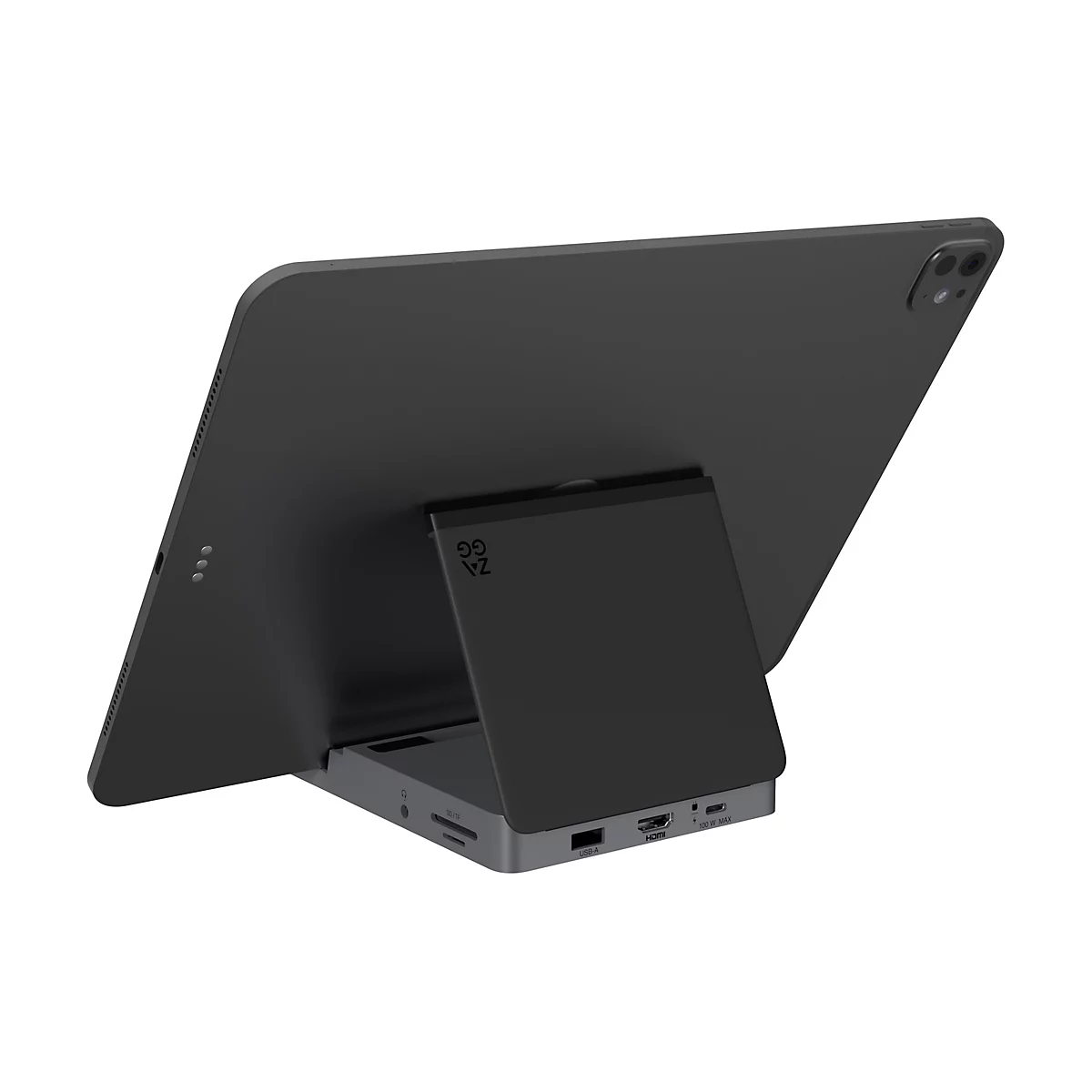 Dunkelgraues Tablet mit Standfuß, auf dem das Logo „ZA GG“ steht. Auf der Rückseite des Tablets befinden sich Kameras. Auf dem Standfuß befinden sich Anschlüsse.